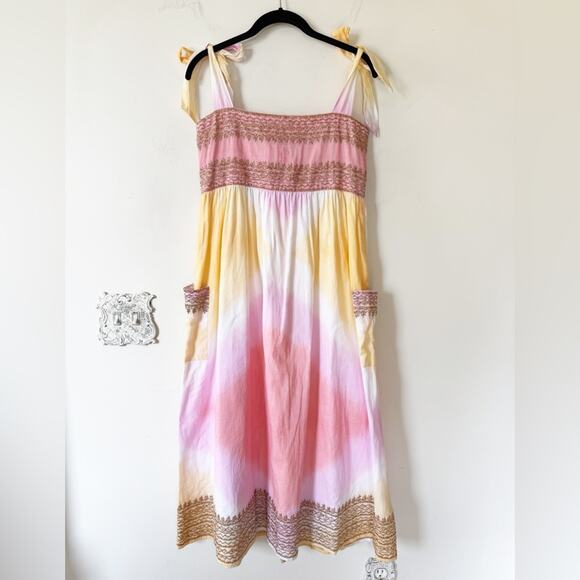 Juliet Dunn Pink Sunset Gold Embroidered Tie Shoulder Cotton Midi Dress 1 / S - Picture 10 of 12
